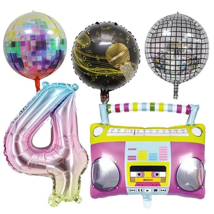 4th Birthday Dance Party Theme Balloon Decoration Kit - Number 4, Boombox, Disco Ball, Microphone Foil Balloons
