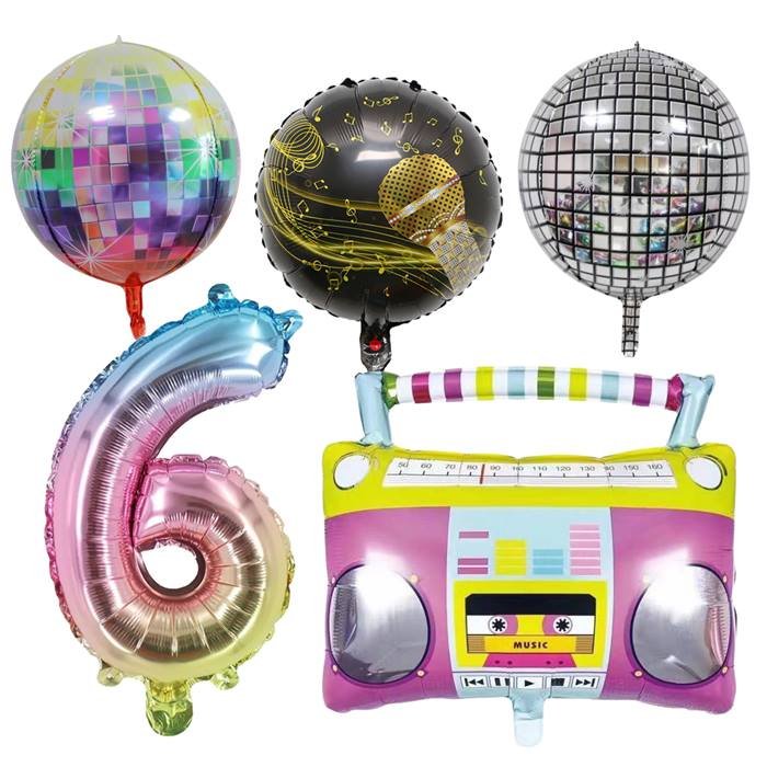 Dance Party 6th Birthday Balloon Bundle - Disco Ball, Boombox, Microphone, Number 6
