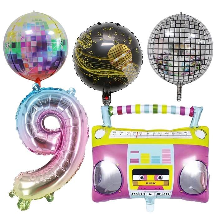 9th Birthday Dance Party Balloon Set - Disco Ball, Boombox, Music Theme Foil Balloons