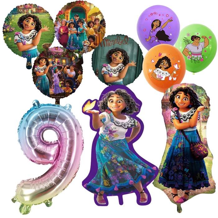 Magical Family Celebration Balloon Set with Curly-Haired Character and Number Nine
