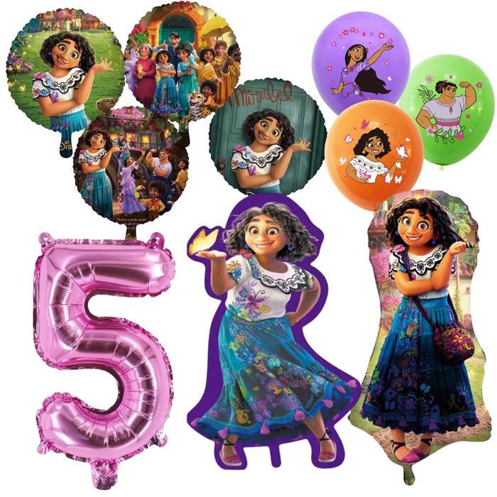 Vibrant Magical Family Celebration Balloon Set with Pink Number 5 and Assorted Character Designs