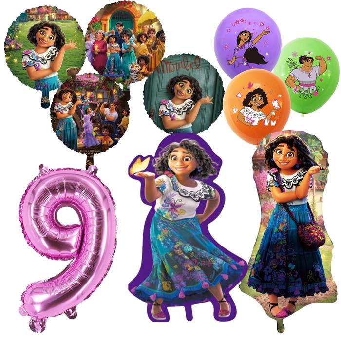 Magical Family Celebration Party Balloon Kit with Pink Number 9 and Festive Character Designs