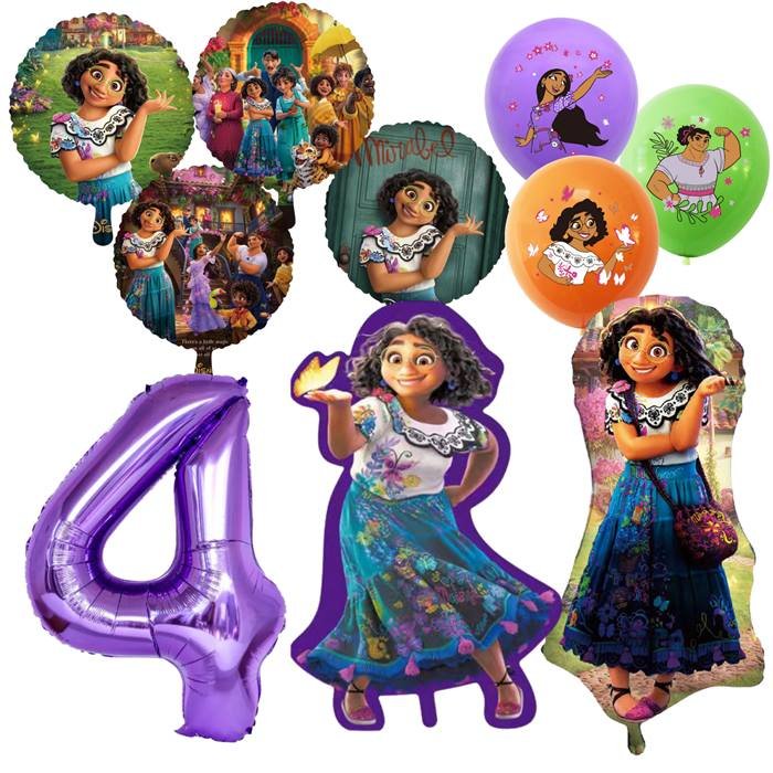 Magical Family Celebration Party Balloon Set with Purple Number 4 and Festive Character Designs