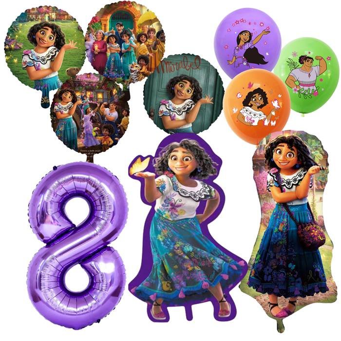 Vibrant Magical Family Celebration Balloon Set with Brunette Girl and Number Eight