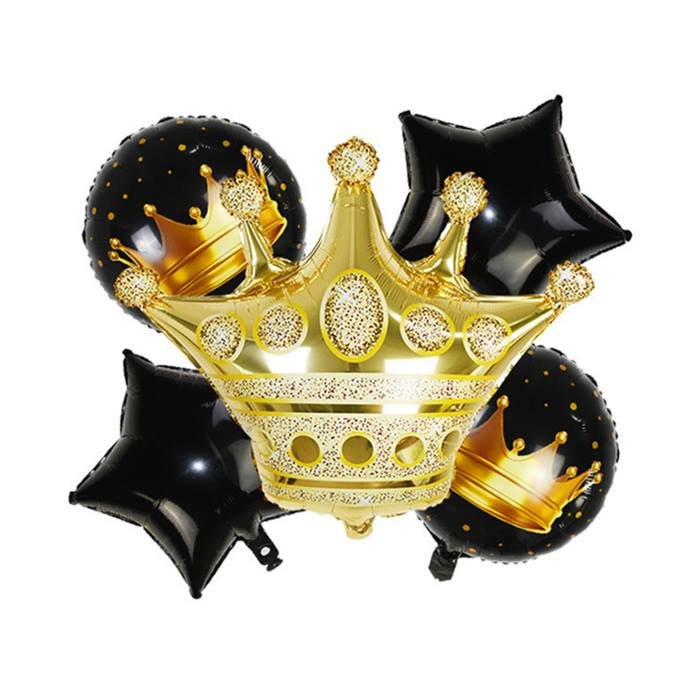 Gold Crown Balloon Set with 32 Inch Crown and 18 Inch Black Star and Round Mylar Balloons for Birthday Party Decorations and Royal Celebrations