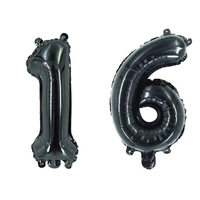 Black Number 16 Foil Balloon Set for Birthday Party Decorations