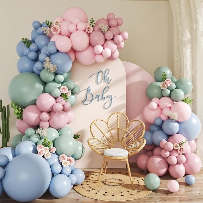 Pink Blue Green Balloon Arch Kit, 124Pcs Pastel Balloon Arch Kit Includes Dusty Baby Blue Pink Green Purple Gender Reveal Balloons for Birthday Baby Shower Wedding Spring Summer Party Decorations