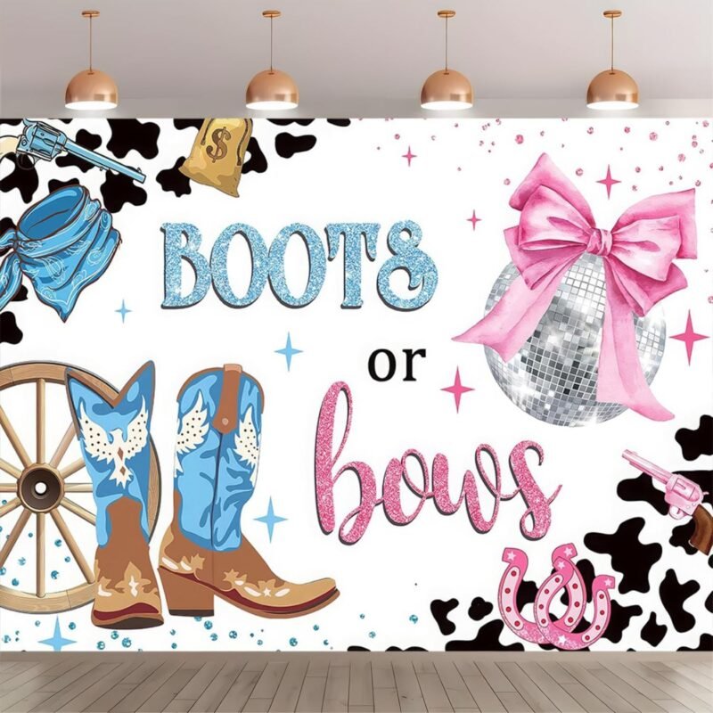 7x5FT Gender Revelation Photo Backdrop Boots Or Bows Photography Background Retro Rustic Banner Polyester Fabric Studio Props Booth Video Shooting Baby Shower Decorations Supplies