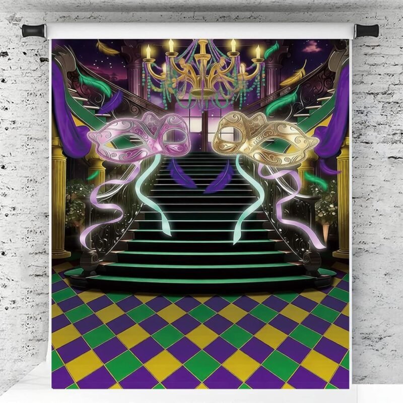 7x5FT Mardi Photo Backdrop Checkered Floor Staircase Chandelier Feather Mask Theme Portrait Photography Background Graduation Masquerade Party Banner Decoration Polyester